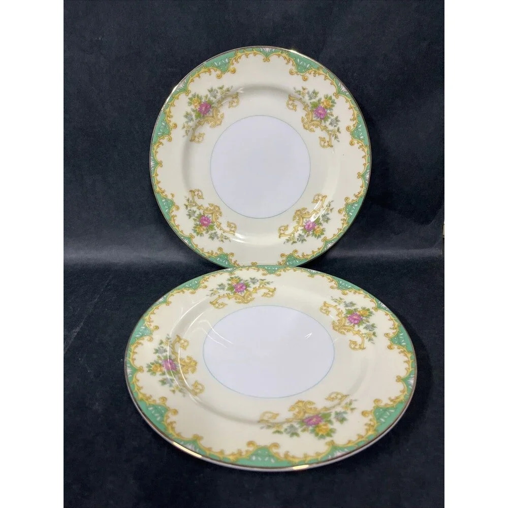 1930s Noritake Tiffany M Dessert Plates 7.5” Gold Trim Ivory Aqua Beige 2 PC HTF